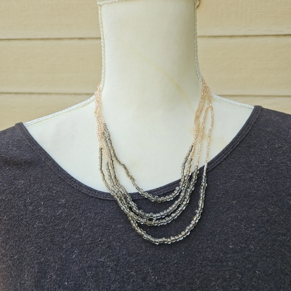 layered beaded necklace iridescent pink and gray